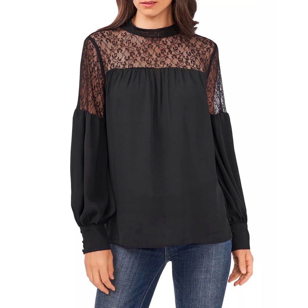 Vince Camuto Black Balloon Sleeve Lace Long Sleeve Top Blouse Size S NWOT - Picture 2 of 11
